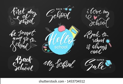 Set of Welcome back to school labels. School Background. Back to school sale tag. Vector illustration. Hand drawn lettering badges. Typography emblem set.