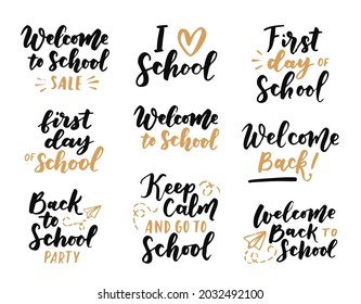 Juego de bienvenida de vuelta a las etiquetas de la escuela. Antecedentes escolares. De vuelta a la venta escolar. Ilustración vectorial. Insignias con letras dibujadas a mano. Conjunto de emblemas de tipografía
