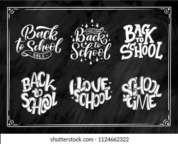 Set of Welcome back to school lettering quotes. Back to school sale tag. Vector illustration. Hand drawn lettering badges. Typography emblem set. Chalk background