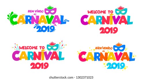 Set of Welcome to Carnival 2019. Handwritten Carnival logo with masks. Party, masquerade poster card, invitation. Celebration decorate. Vector illustration. Isolated on white background.