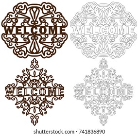 Set of Welcome plastic or paper plate. Template laser cutting machine for wood and metal. Openwork Welcome phrase for your design. Vector illustration