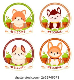 Conjunto de sinal de boas-vindas com cachorrinho. Coleção de pet friendly label com Inscrição Bem-vindo. Carimbo ou adesivo com cão bonito no jardim. Pode ser usado para hotel, clínica de veterinários, pet shop. Vetor EPS8