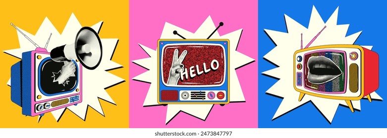 Set of welcome square posters in retro collage style. Vintage televisions in a composition with a hand with a loudspeaker, female lips with a halftone effect.