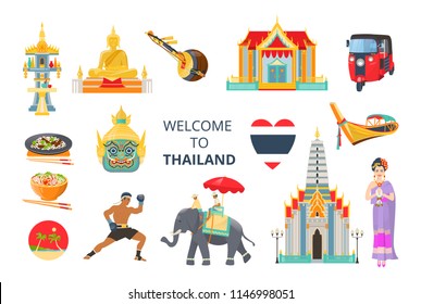 Set of Welcome to Thailand. Traditions, culture Thailand. Ancient memorials, buildings Bangkok, musical instruments, clothing, food, Thai boxing, transport boat, tuk tuk vector illustration isolated