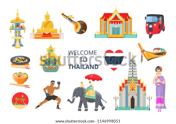 Set of Welcome to Thailand. Traditions, culture\
Thailand. Ancient memorials, buildings Bangkok, musical\
instruments, clothing, food, Thai boxing, transport boat, tuk tuk\
vector illustration\
isolated