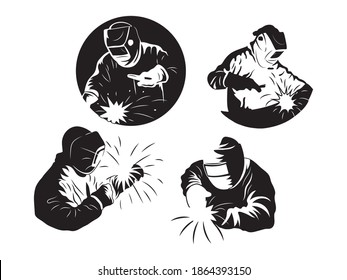 Set of welders welds metal. Collection of silhouette of a welder in work clothes and a mask for welding metal. Workshop logo. Vector illustration of a worker on a white background.