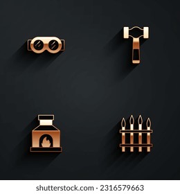 Set Welding glasses, Hammer, Blacksmith oven and Classic iron fence icon with long shadow. Vector
