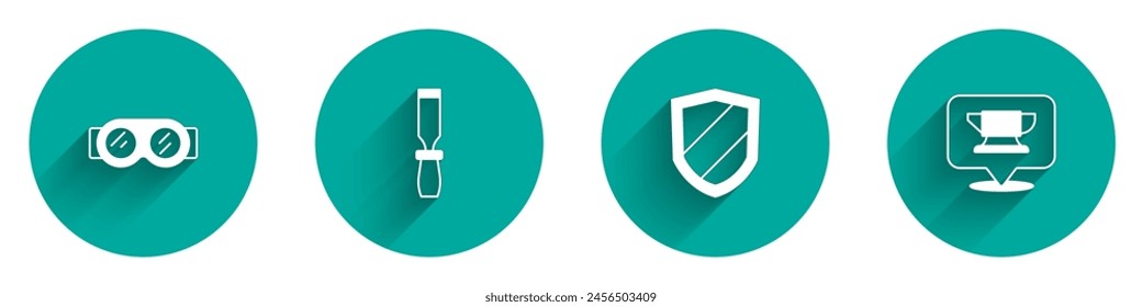 Set Welding glasses, Rasp metal file, Shield and Blacksmith anvil tool icon with long shadow. Vector