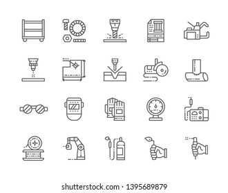 Set of Welding Line Icons. Spot Machine, Washers, Bolts, Laser Cutting Machine, Bulgarian Saw, Grinder, Welder Mask, Safety Gloves, Manometer, Gas Burner, Blowtorch and more. Pack of 48x48 Pixel Icons