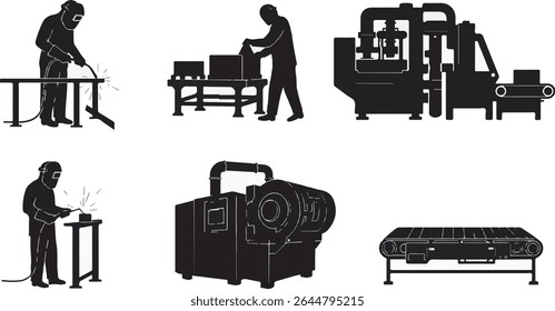Set of welding worker silhouettes and industrial machinery icons perfect for manufacturing, industry, or technology related projects. Clean vector graphics.