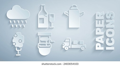 Set Well with bucket, Can container for milk, Tree apple, Pickup truck, Wine bottle glass and Cloud rain icon. Vector