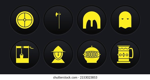 Set Well with bucket, Executioner mask, Medieval iron helmet, halberd, Wooden mug and Round wooden shield icon. Vector