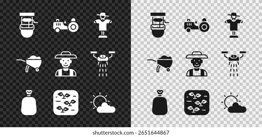 Conjunto bien con cubo, tractor, espantapájaros, saco completo, planta, sol y Clima de la nube, suciedad de la carretilla y el granjero en el ícono del sombrero. Vector