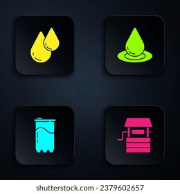 Set Well with bucket, Water drop, filter cartridge and . Black square button. Vector