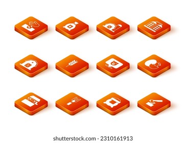 Set Well, Garden rake, Farm house, Wheat, Bag of flour, Pig, Wooden axe and Little chick in cracked egg icon. Vector