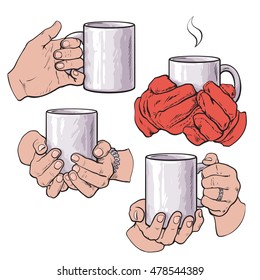 Set well groomed female hands holding cup and tea coffee  sketch style vector illustration isolated white background  Realistic drawing beautiful hands holding mug and hot beverage