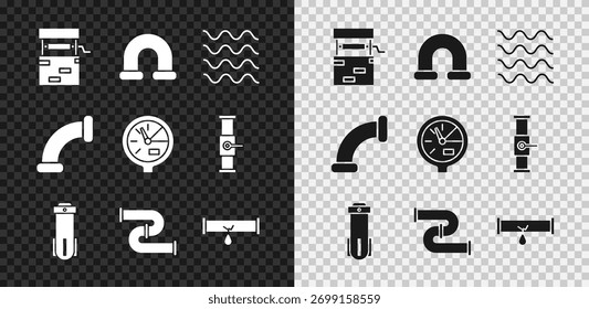 Set Well, Industry metallic pipe, Wave, Water filter, Broken with leaking water,  and meter icon. Vector