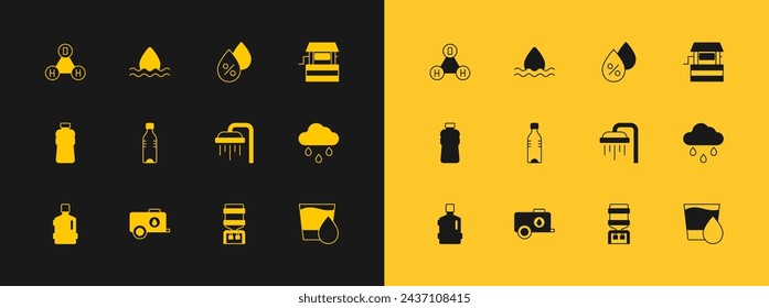 Set Well, Mobile water tank, Shower, Water cooler, Bottle of, drop percentage, Chemical formula H2O and  icon. Vector