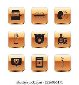 Set Well, Pig, Pack full of seeds of plant, Rubber gloves, Little chick in cracked egg, Carrot and Chicken box icon. Vector