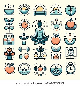 Set of wellness icons with black line in pastel colors and flat style. Isolated items. Vector illustration. Use for promotion and decoration.