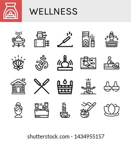 Set of wellness icons such as Aromatherapy, Incense, Acupuncture, Sauna, Lotus, Om, Massage, Fish therapy, Yoga, Relax , wellness