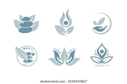 Set of Wellness meditation spa icon logo leaf aura yoga concept 