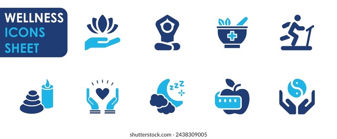 A set of wellness related icons. Flat solid color icons set with wellness, spa, meditation, herbal medicine, exercise, balanced diet and so on.