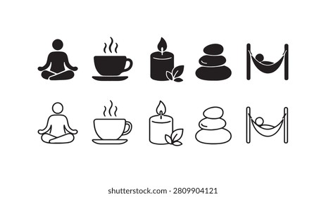 A set of wellness and relaxation icons including meditation, coffee, candle, zen stones, and hammock, presented in both black silhouette and linear outline styles on white background.