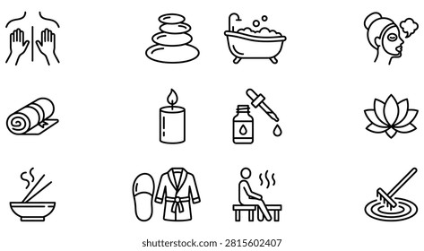 Set of wellness and relaxation spa line icons with wellness, relaxation