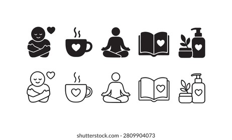 A set of wellness and self care icons in both black silhouette and linear outline styles, isolated on a white background, representing relaxation, meditation, and personal health.