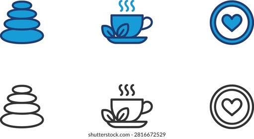 Set of wellness and spa icons featuring stacked stones hot herbal tea and heart symbols in both colorful and simple line styles