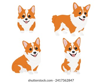 Set of welsh corgi in cartoon  style. Collection of dog characters, flat illustration for design, decor, print, stickers, posters. Vector illustration isolated on a white background.