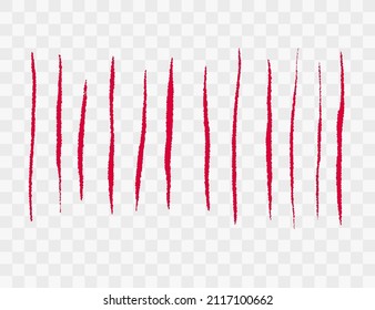 Set with werewolf, cat or beast red scratch scrape on transparent background. Four wound marks. Isolated print with wild animal claw. Monster sign. Genus feline symbol flat vector illustration.
