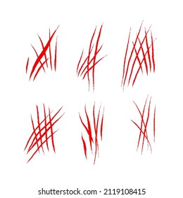 Set with werewolf, cat or beast red scratch scrape on white background. Four wound marks. Isolated print with wild animal claw. Monster sign. Genus feline symbol flat vector illustration.