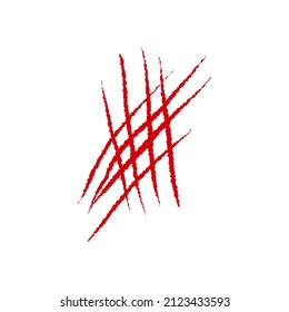 Mit Werwolf, Katze oder Biest roter Kratzer auf weißem Hintergrund. Vier Wundmarken. Einziger Druck mit Wildtierralle. Monster-Schild. Genus feline Symbol flache Vektorgrafik.