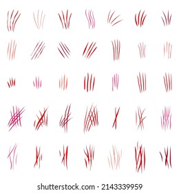 Se coloca con arañazos rojos de lobo, gato o bestia sobre fondo blanco. Cuatro marcas de heridas. Impresión aislada con garra animal salvaje. Señal de monstruo. Ilustración del vector plano del símbolo felino de género.