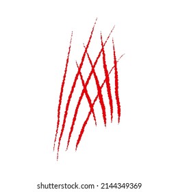 Mit Werwolf, Katze oder Biest roter Kratzer auf weißem Hintergrund. Vier Wundmarken. Einziger Druck mit Wildtierralle. Monster-Schild. Genus feline Symbol flache Vektorgrafik.