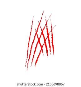 Se coloca con arañazos rojos de lobo, gato o bestia sobre fondo blanco. Cuatro marcas de heridas. Impresión aislada con garra animal salvaje. Señal de monstruo. Ilustración del vector plano del símbolo felino de género.