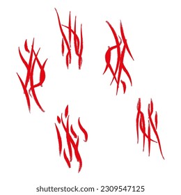 Set with werewolf, cat or beast red scratch scrape. Four wound marks. print with wild animal claw. Monster sign. Genus feline symbol. vector illustration.