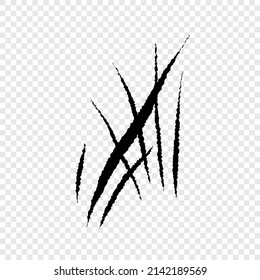 Set with werewolf, cat or beast scratch scrape on transparent background. Four wound marks. Isolated print with wild animal claw. Monster sign. Genus feline symbol flat vector illustration.