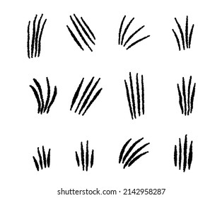 Se coloca con arañazos de lobo, gato o bestia sobre fondo blanco. Cuatro marcas de heridas. Impresión aislada con garra animal salvaje. Señal de monstruo. Ilustración del vector plano del símbolo felino de género.