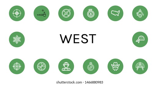 Set of west icons such as Compass, Pipe of peace, United states of america, Explorer, Cowboy hat, Star david, Bandana , west