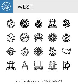 Conjunto de iconos occidentales. Como Compass, Windrose, Cowgirl, Headdress, Estados Unidos de América, Cowboy, Wagon , iconos occidentales