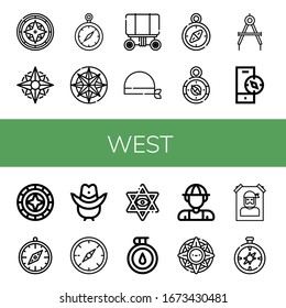 Set of west icons. Such as Compass, Wagon, Bandana, Windrose, Cowboy hat, Star of david, Explorer, Wanted , west icons