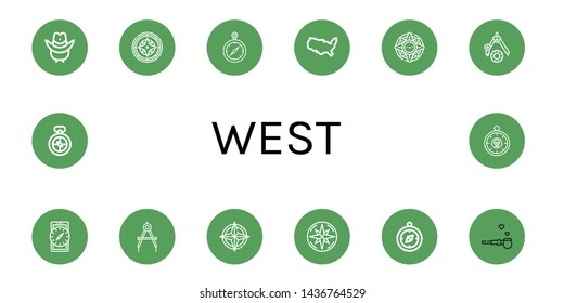 Set of west icons such as Cowboy hat, Compass, United states of america, Windrose, Pipe of peace , west