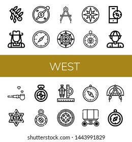 Set of west icons such as Headdress, Cowgirl, Compass, Explorer, Pipe of peace, Star of david, Wagon , west