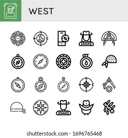 Set of west icons. Such as Wanted, Windrose, Compass, Cowgirl, Bandana, Cowboy, Cowboy hat, Headdress , west icons