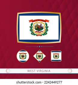 Set of West Virginia flags with gold frame for use at sporting events on a burgundy abstract background. Vector collection of flags.