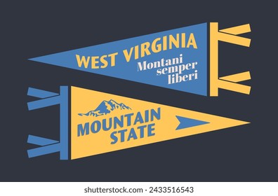 Set of West Virginia pennants. Vintage retro graphic flag, pennant, star, sign, symbols of USA. Mountain State.