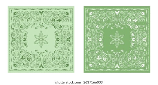 Set of western bandanas with paisley pattern. Floral design for scarves, fabric, and textile backgrounds. Retro bandana prints in green tones, featuring ethnic ornaments and abstract swirls.